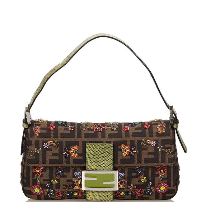 Fendi Zucca Monogram with Bead Flowers Shoulder Bag 