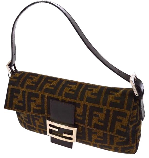 Fendi Zucca Pattern Baguette Brown Canvas Shoulder Bag 