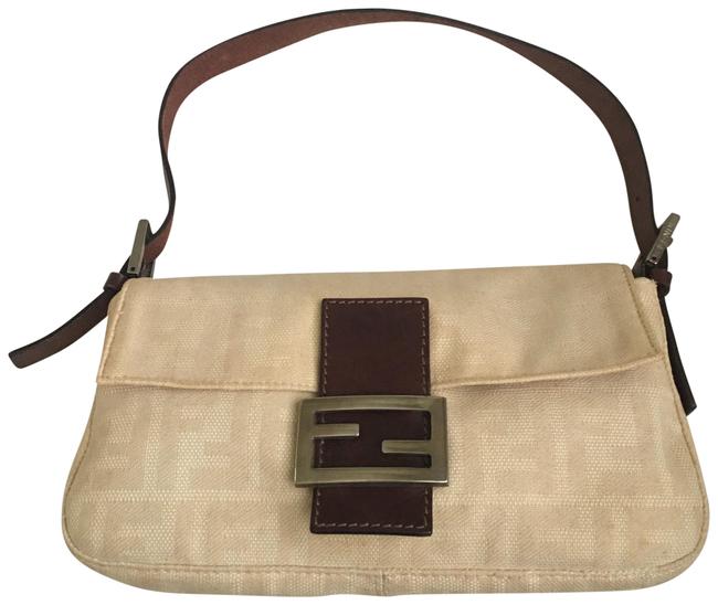 Fendi Zucca Print Baguette Cream Brown Silver Canvas Leather Shoulder Bag 
