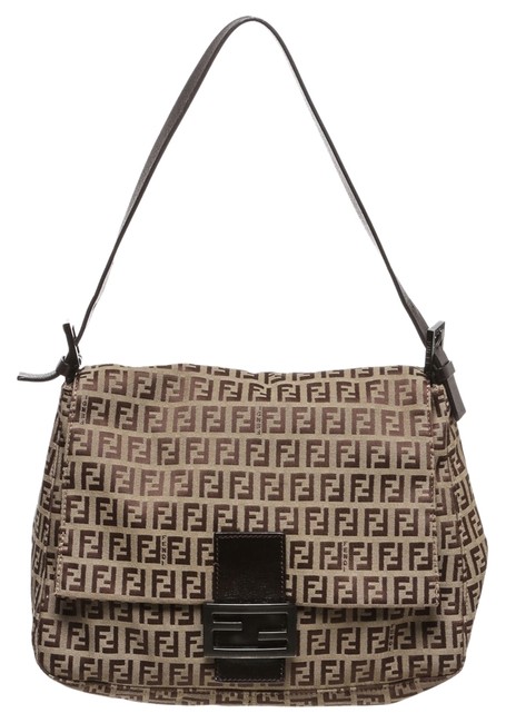 Fendi Zucca Print Handbag Tan Brown Canvas Leather Shoulder Bag 