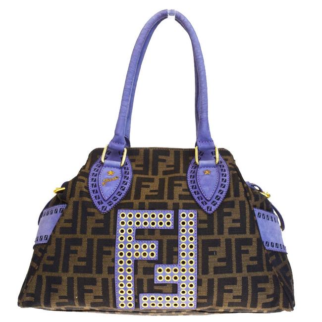 Fendi Zucca Purple Logo Brown Canvas Shoulder Bag 