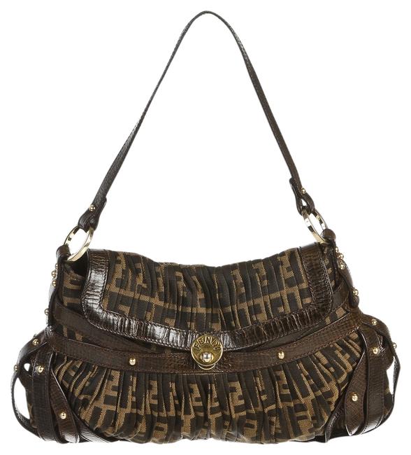 Fendi Zucca Studded Trim Handbag Brown Leather Shoulder Bag 