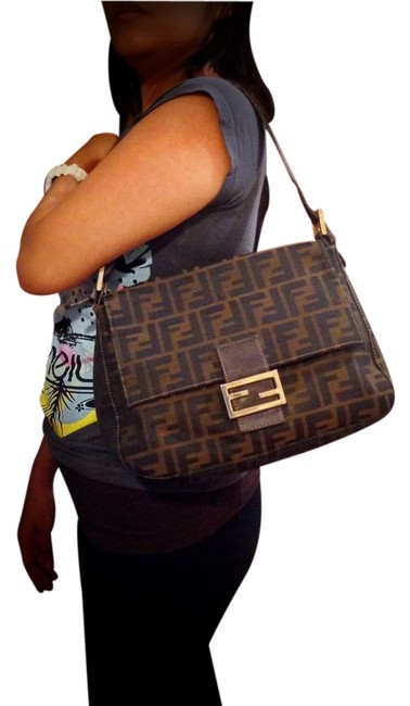 Fendi Zucca Style Brown Canvas and Leather Shoulder Bag 
