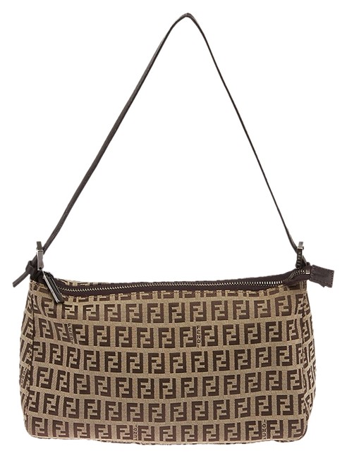 Fendi Zucca Top Zip 28141 Beige Canvas Shoulder Bag 