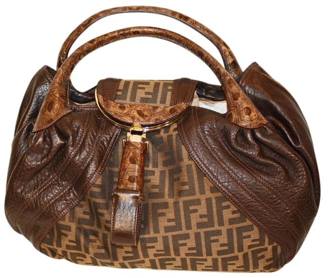 Fendi Zucca Tortuga Spy Tobacco Brown Canvas Leather Shoulder Bag 