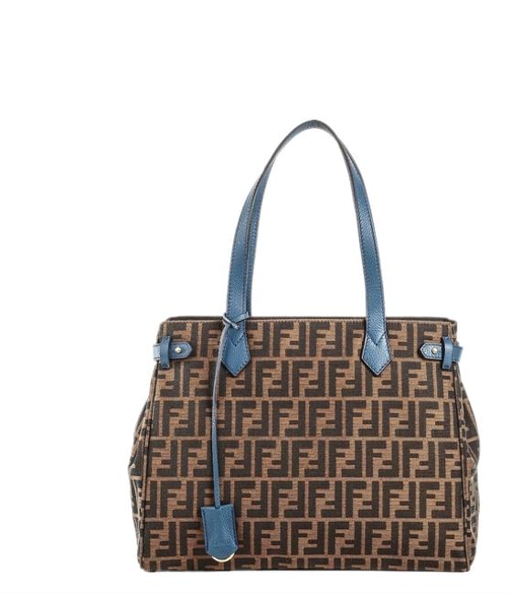 Fendi Zucca Tote with Trim Tobacco Brown and Blue Canvas Leather Shoulder Bag 