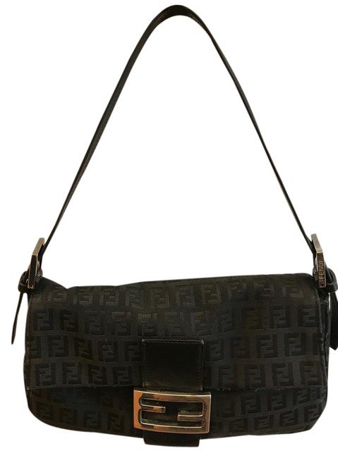 Fendi Zucchino Baguette Flap Black Monogram Canvas Shoulder Bag 