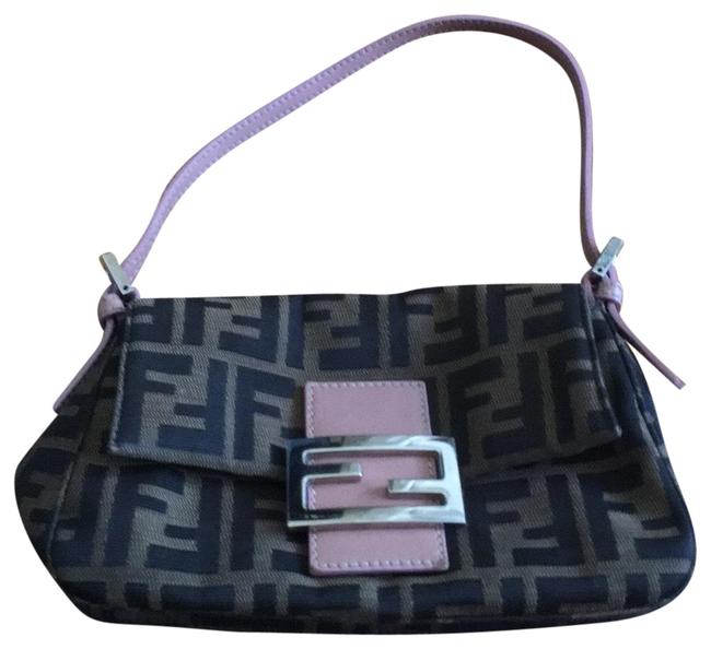 Fendi Zucchino Baguette Brown with Blush Leather Detail Canvas Shoulder Bag 