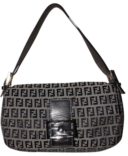 Fendi Zucchino Blue Gray Leather Canvas Shoulder Bag 