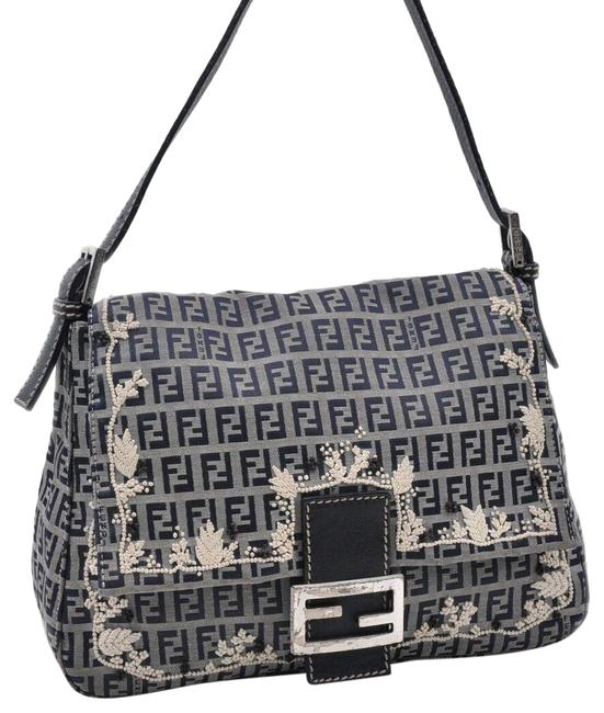 Fendi Zucchino Embroidery Mamma Baguette Navy Canvas Shoulder Bag 