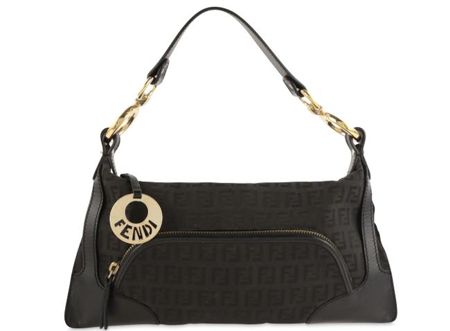 Fendi Zucchino Front Pocket Black Canvas Shoulder Bag 