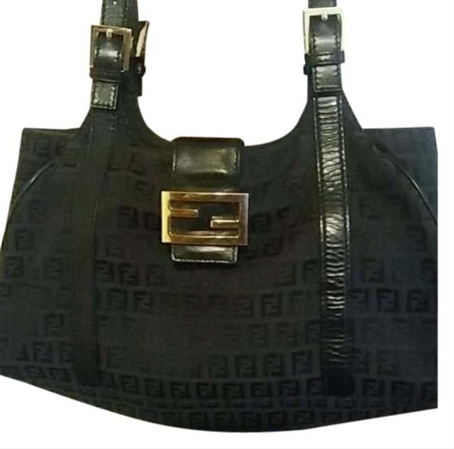 Fendi Zucchino Jacquard Black Fabric and Leather Shoulder Bag 