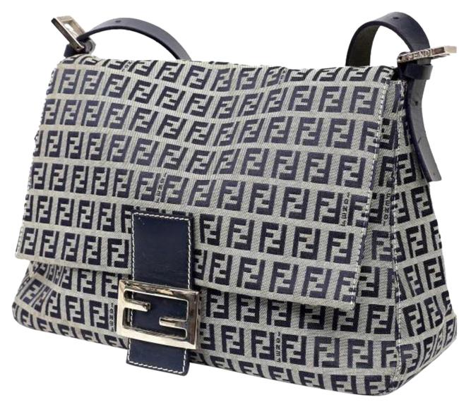 Fendi Zucchino Mama Navy Leather Canvas Shoulder Bag 