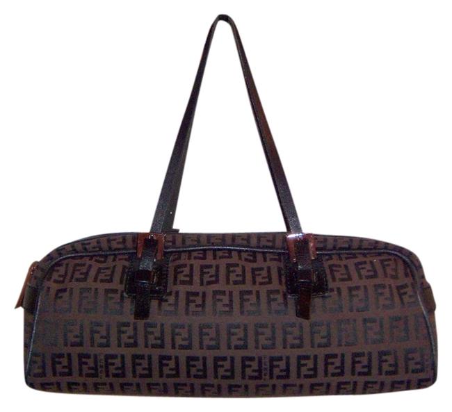 Fendi Zucchino Monogram Bauletto Brown Black Canvas Leather Trim Shoulder Bag 