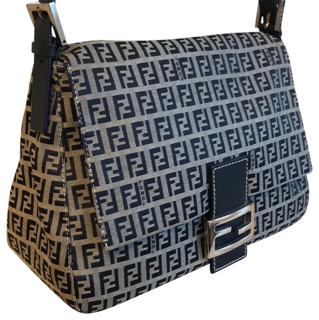 Fendi Zucchino Pattern Mamma Baguette Navy Blue Canvas Leather Shoulder Bag 
