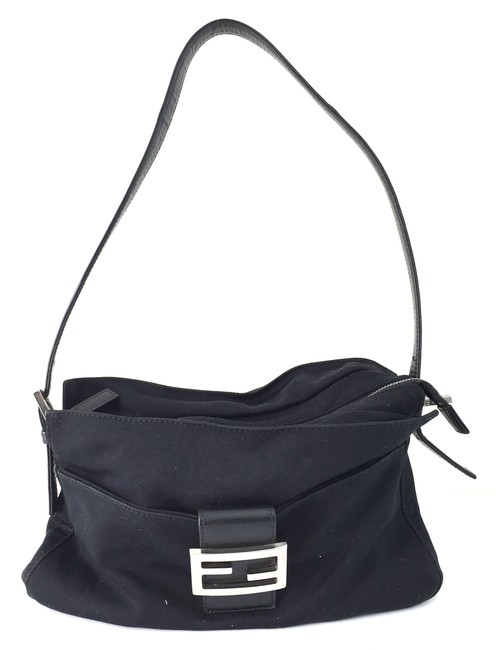 Fendi #10555 Ff Fabric Long Strap Black Nylon Shoulder Bag 