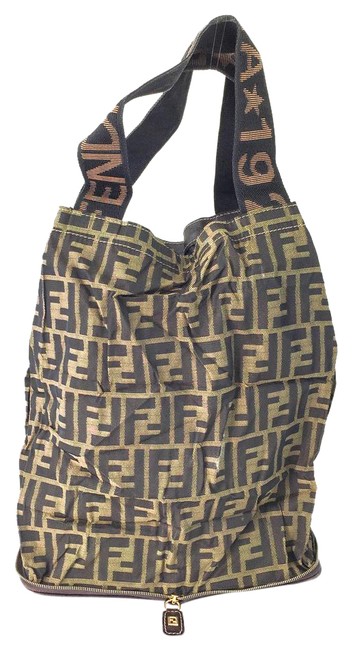 Fendi Shopping #10557 Ff Logo Canvas Expandable Large Tall Shoulder Bag 