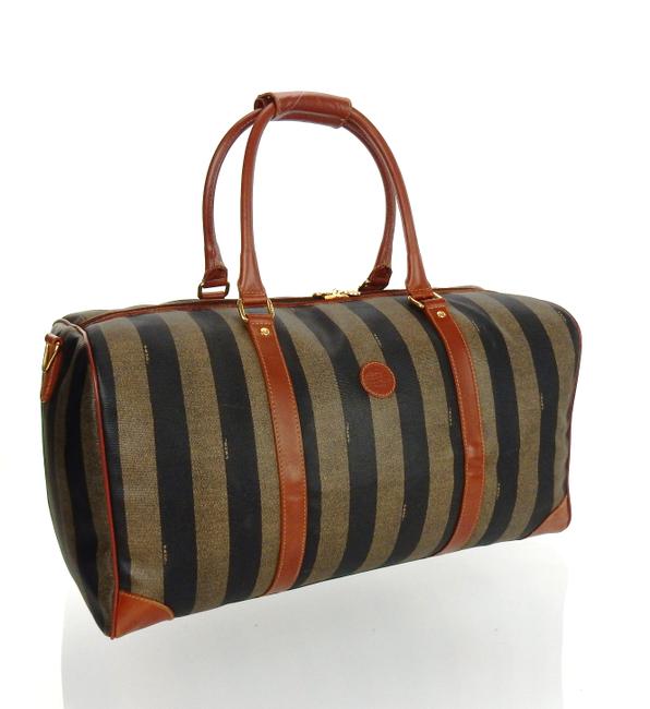 Fendi 2 way Duffel 50 Brown Pequin Striped Canvas Leather WeekendTravel Bag 