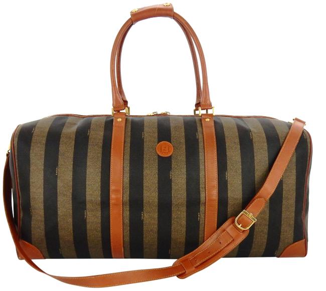 Fendi 2 way Duffel Brown Pequin Striped Canvas Leather WeekendTravel Bag 