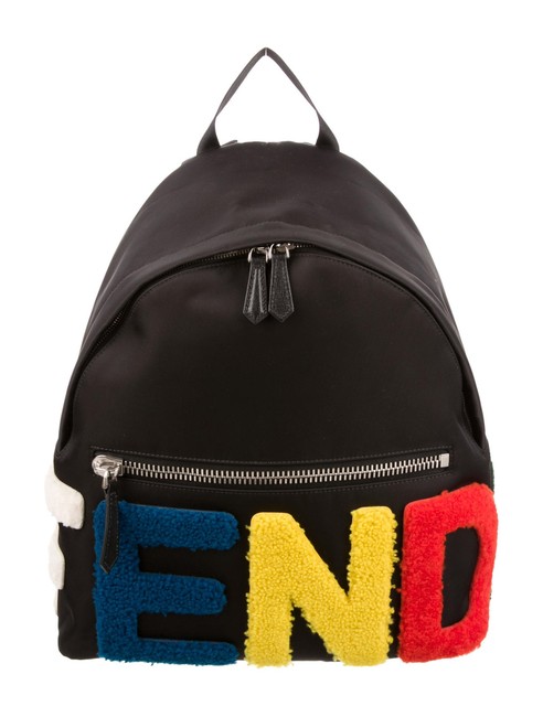 Fendi 2015 Logo Patches &amp; Shearling 7vz012 5pn Fox93 Black Nylon Backpack 
