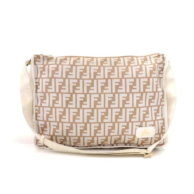 Fendi &amp; White Zucca Monogram &amp; White Leather Beige Nylon Messenger Bag 