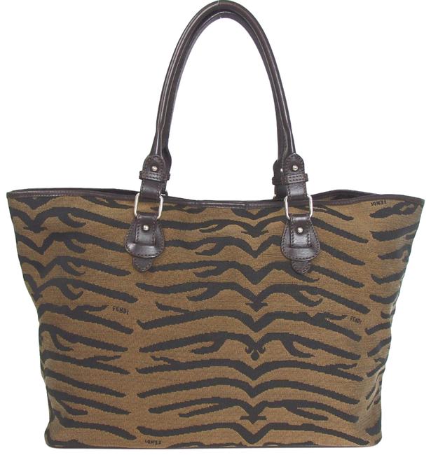 Fendi Bag Animal Print Brown Canvas Leather Tote 