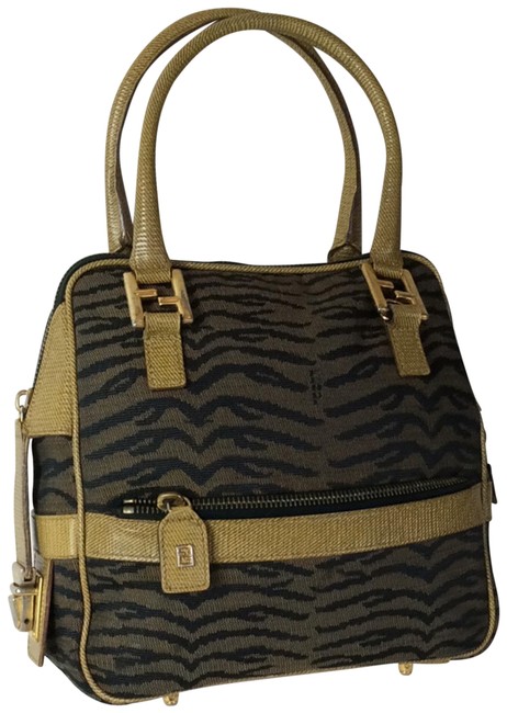 Fendi Animal Print Leather Trim Beige Black Canvas Tote 