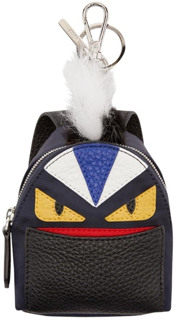 Fendi Backpack Fur trimmed Monster CharmKey Chain Navy Nylon Tote 