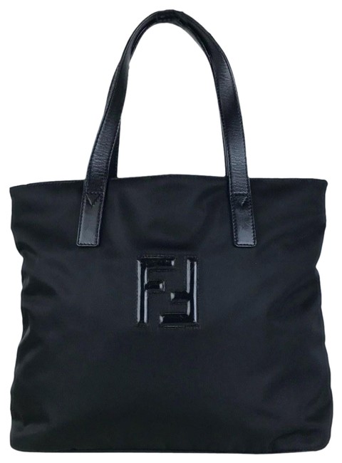 Fendi Bag Ff Leather Double Straps Hinge Black Nylon Tote 