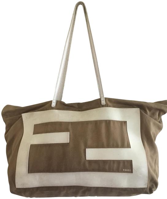 Fendi Bag Ff Square White and Tan Canvas Leather. Rubber Tote 