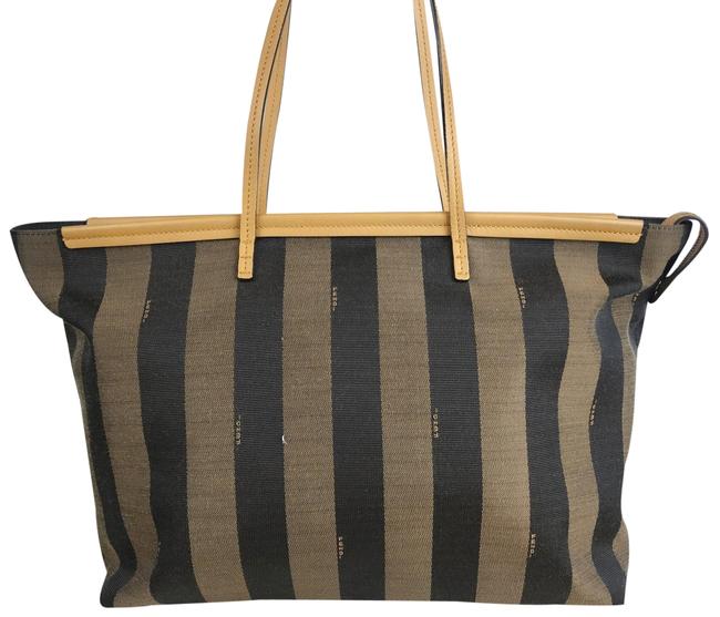 Fendi Bag Pequin Yellow Leather Brown Canvas Tote 