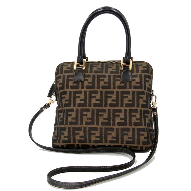 Fendi Bag Zucca Print 2 way Strap Dark Brown Black Canvas Tote 
