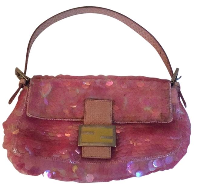 Fendi Baguette Pink Yellow Sequins Python Satin WeekendTravel Bag 