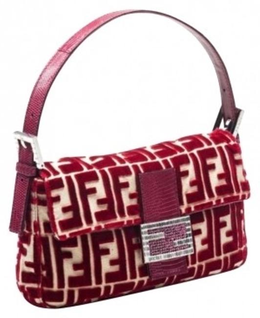 Fendi Baguette RedCream Velvet Satin Leather Shoulder Bag 
