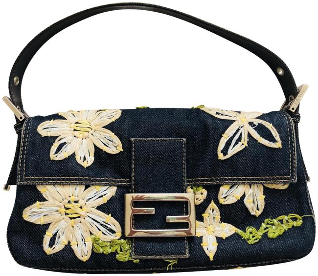 Fendi Bagutte with Flower Embroidered Blue Denim Shoulder Bag 