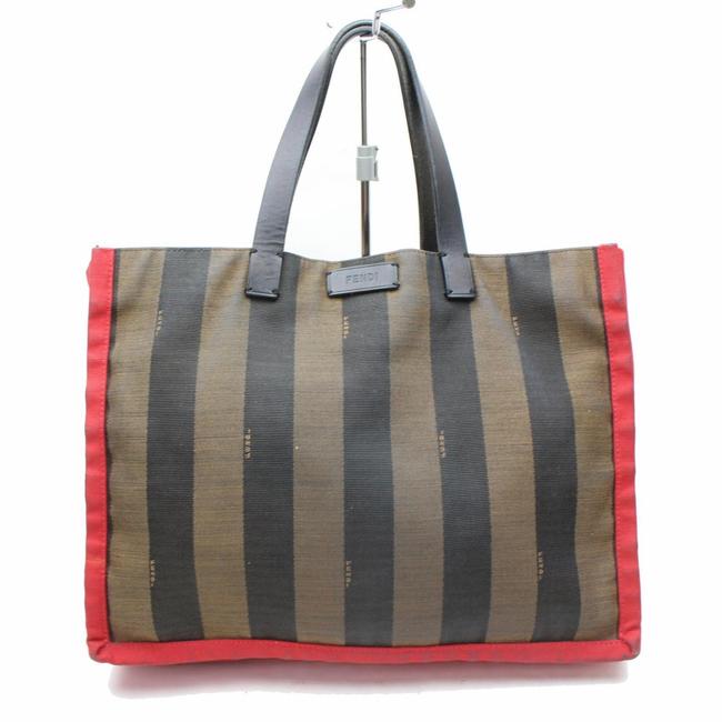 Fendi Stripe Bicolor Pecan Monogram Pequin 868370 Red Canvas Tote 