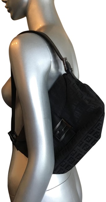 Fendi Black Logo LeatherLogo Canvas Baguette 