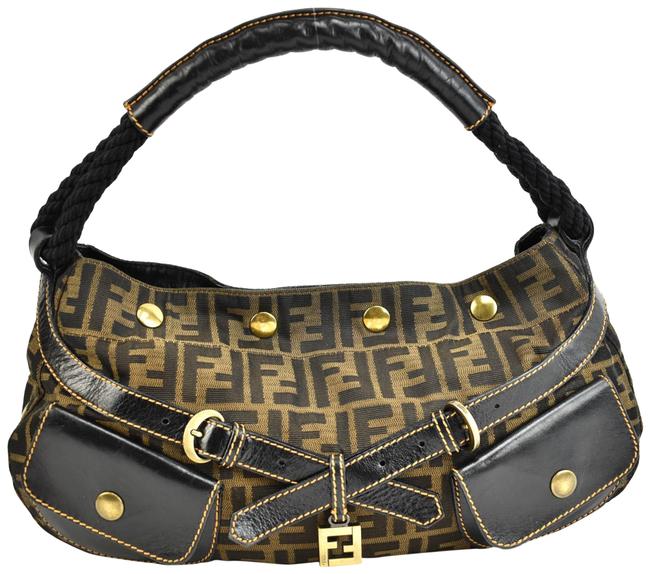 Fendi Black "Zucca" Leather &amp; Brown "Ff" Logo Medium Top handle Qx Tote 