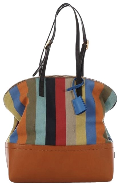 Fendi Brown and Zucca Larg Multicolor Stripes Leather Canvas Linen Tote 