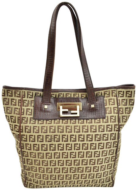 Fendi Brown Leather &amp; "Ff" Logo Tote QuShoulder Bag 