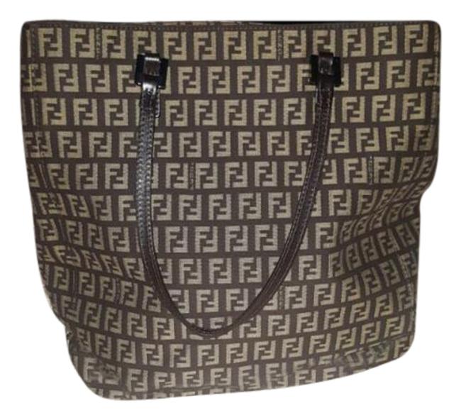 Fendi BrownBlack ClothLeather Handles Tote 