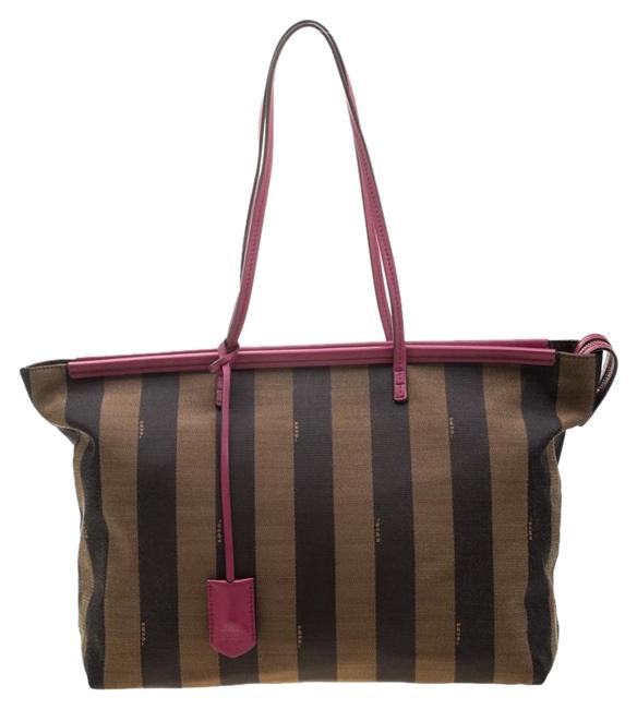 Fendi BrownPink Pequin Roll Pink Canvas and Leather Tote 