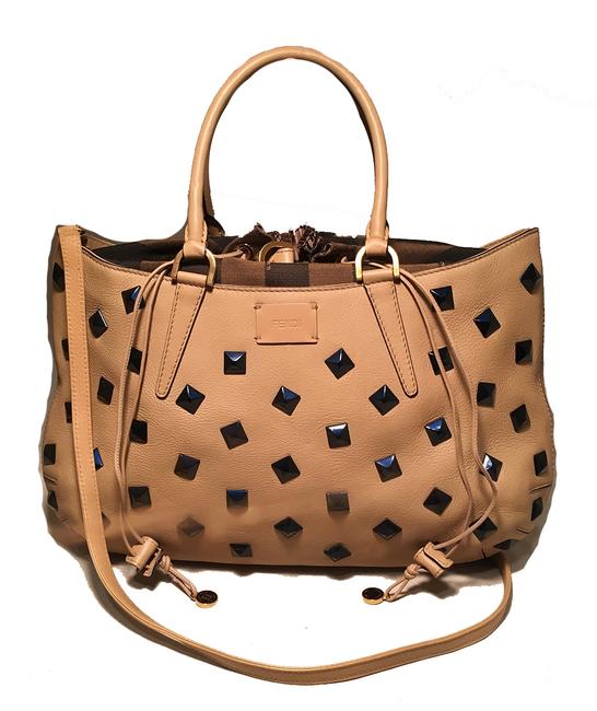 Fendi Navy Studded Medium B. Fab Tan Leather Tote 