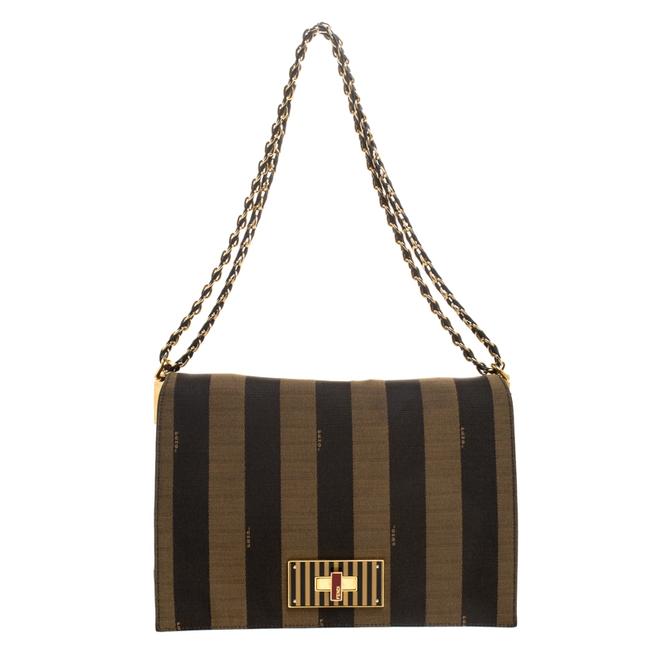 Fendi Claudia Tobacco Large Pequin Stripe Brown Canvas Shoulder Bag 