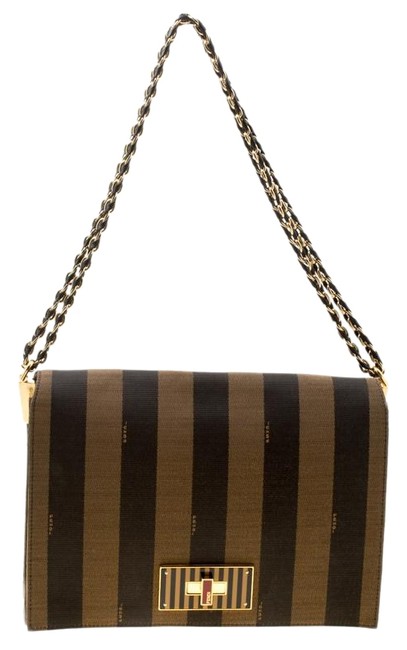 Fendi Claudia Tobacco Pequin Large Brown Canvas Shoulder Bag 