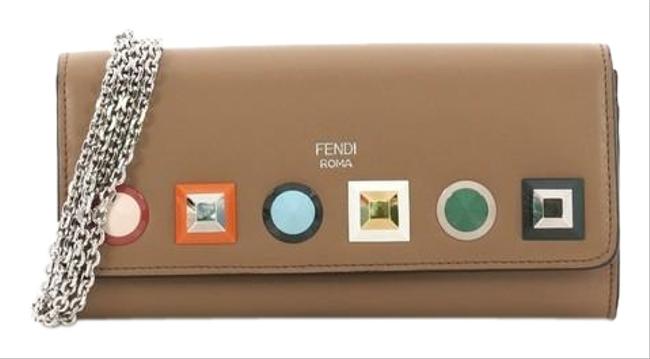 Fendi Wallet on Chain Continental Studded Taupe Leather Wristlet 