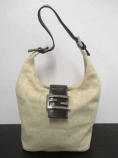 Fendi Cream Logo Bag In Signature Print With Brown Leather Strap 