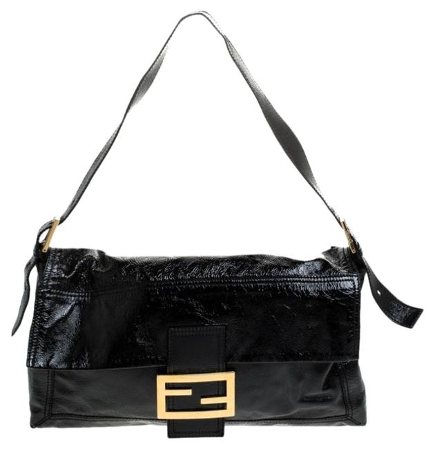 Fendi Crinkle Large Mamma Baguette Black Patent Leather Shoulder Bag 
