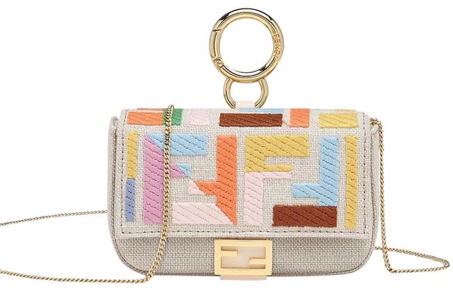 Fendi Crossbody Logo Charm Beige Canvas Baguette 