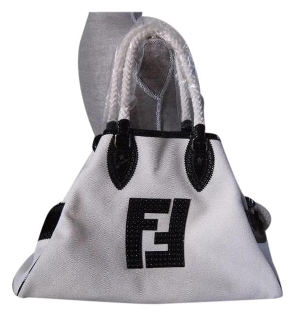 Fendi De Jour Grande Light Beige &amp; Black Canvas Patent Leather Baguette 